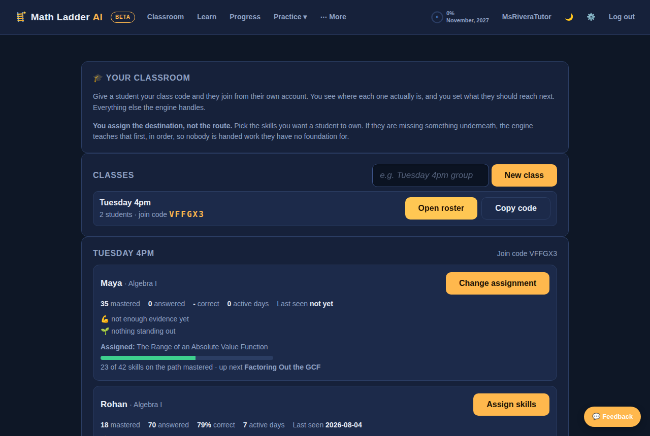 Tutors and classrooms in Math Ladder AI: assign a goal, and the prerequisites come with it