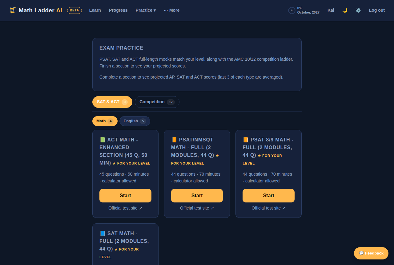 Exam practice in Math Ladder AI: full-length mocks at the real length and the real clock
