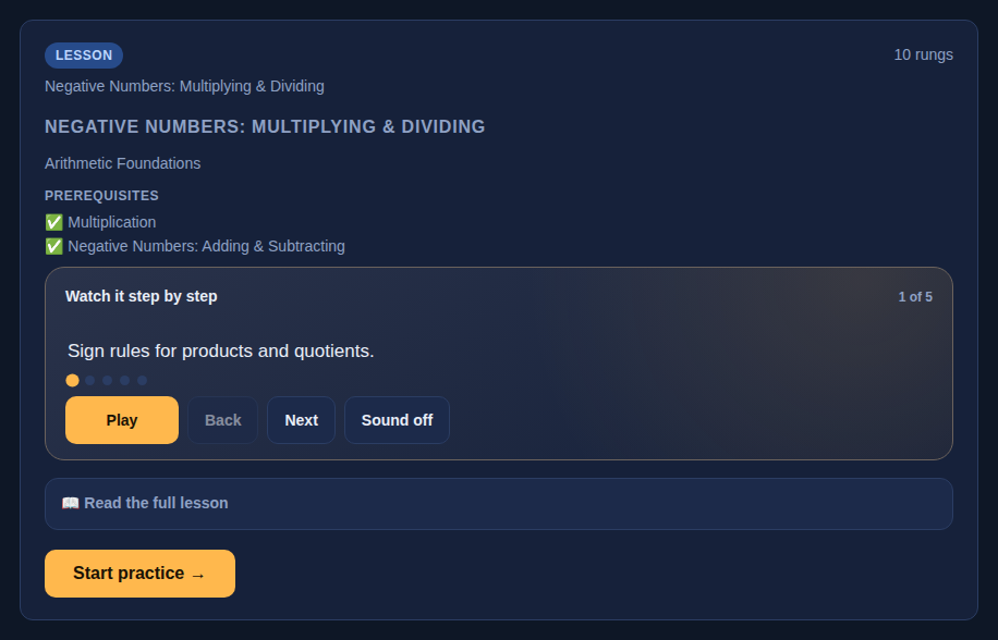 Teach, then practice in Math Ladder AI: a worked example before the first question, every time