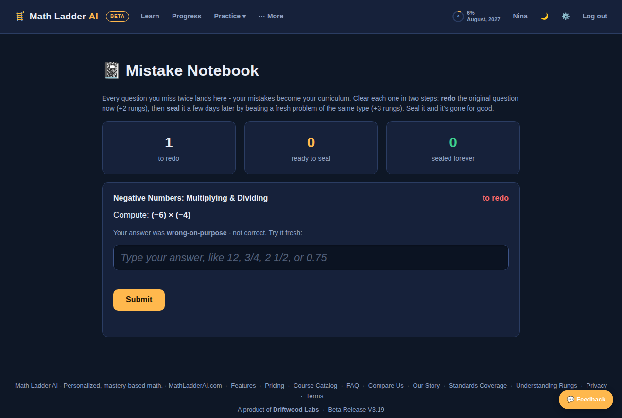 Mistake notebook in Math Ladder AI: nothing you get wrong is thrown away