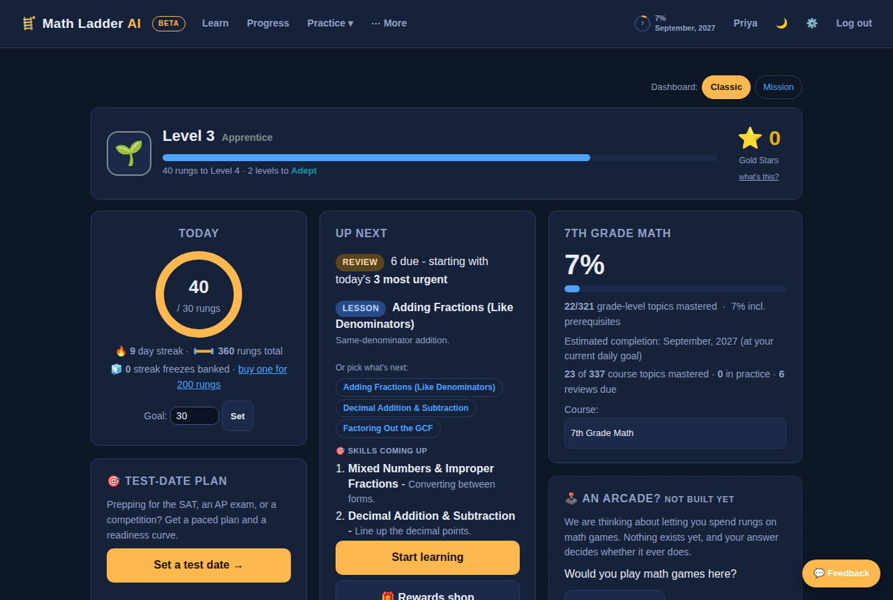 Spaced review in Math Ladder AI: skills come back before they fail, not after